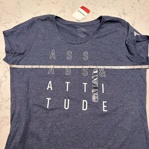 NWT REEBOK “A$$, ABS, ATTITUDE” ATHLETIC T-SHIRT Womens Size LARGE, heather-blue